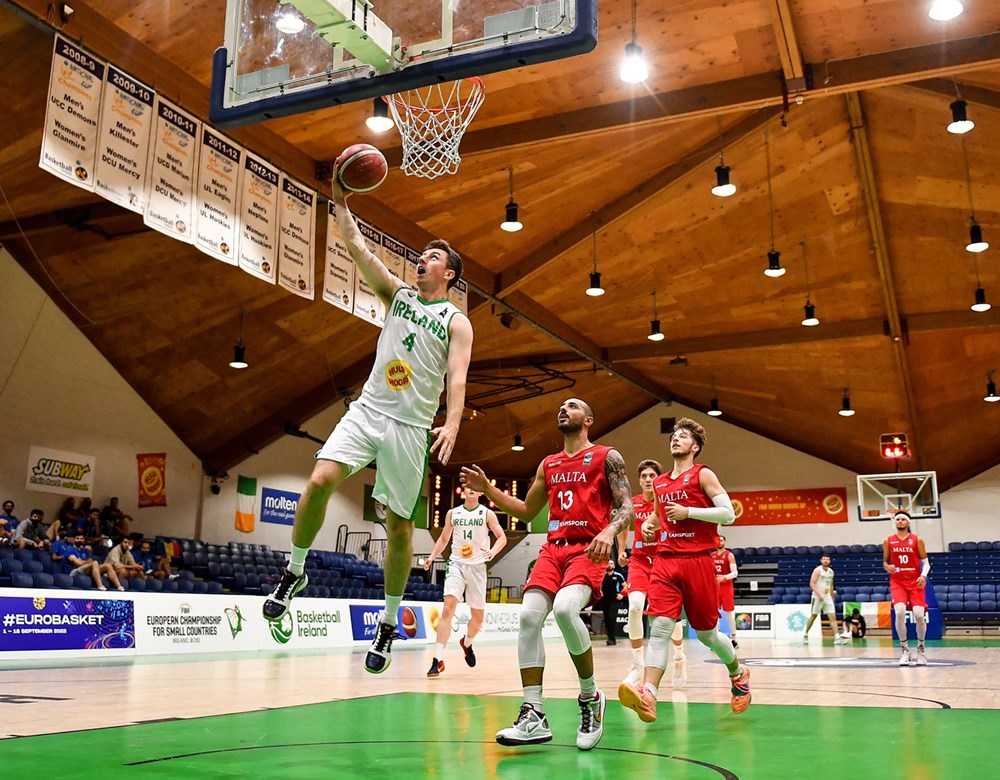 Adrian O'Sullivan in action for Ireland against Malta in the deciding game of the 2021 FIBA European Championship for Small Countries