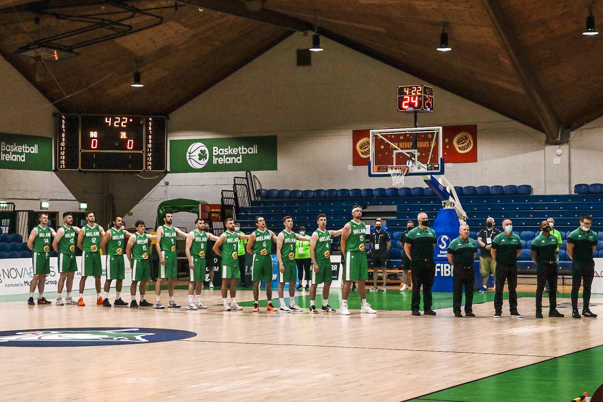 The Ireland men's basketball team standing for the national anthem ahead of their clash with Andorra at the 2021 FIBA European Championships for Small Countries