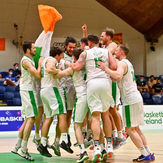 Ireland's men celebrate after winning the 2021 FIBA European Championship for Small Countries