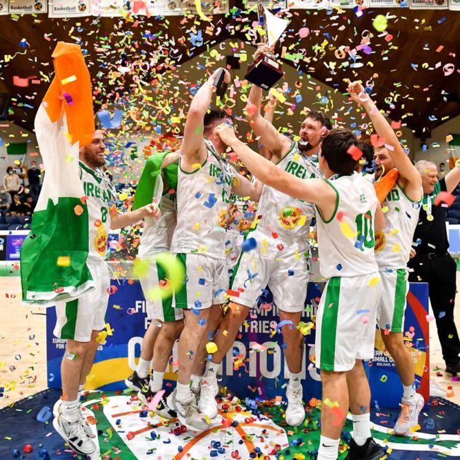 The Ireland men's basketball team celebrates winning the 2021 FIBA European Championship for Small Countries