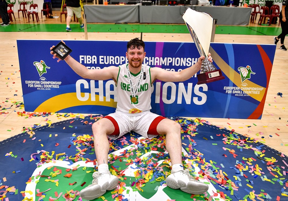 Jordan Blount celebrates after Ireland won the 2021 FIBA men's European Championship for Small Countries