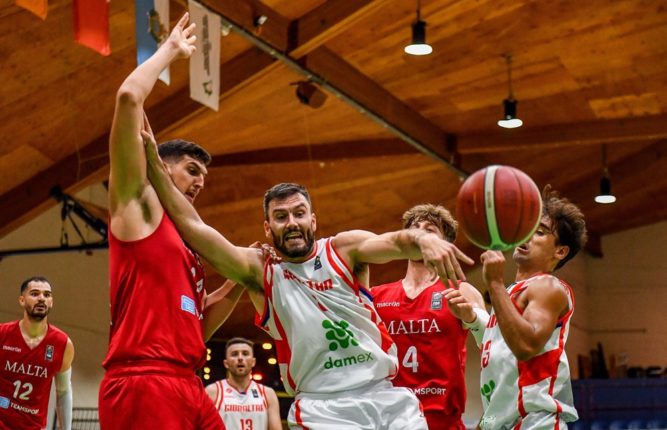 Malta and Gibraltar men's basketball teams in action at the FIBA European Championships for Small Countries