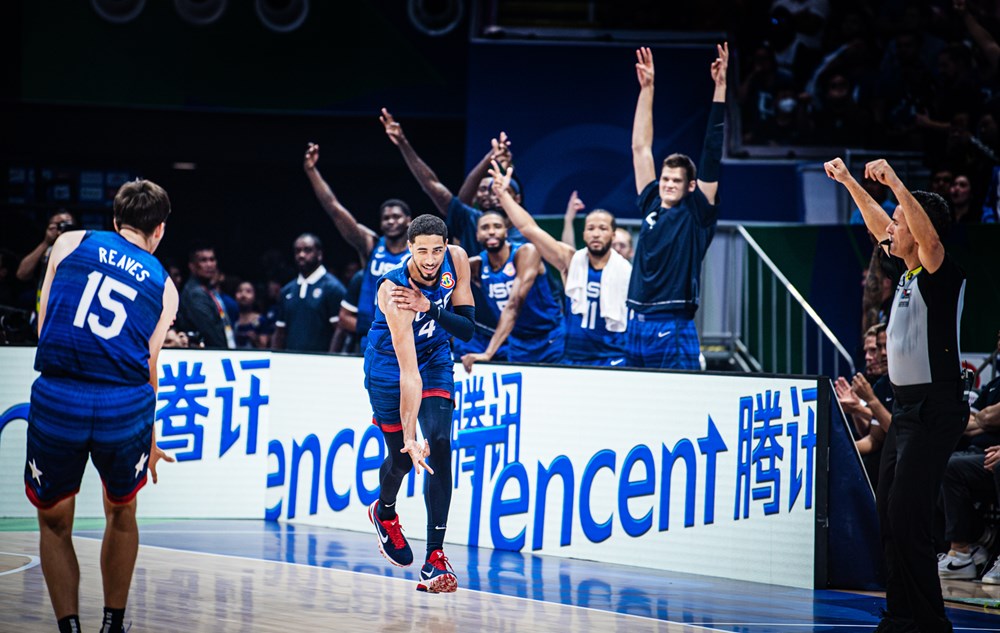 USA celebrate during their comfortable win over Greece at the 2023 FIBA World Cup in Manila.