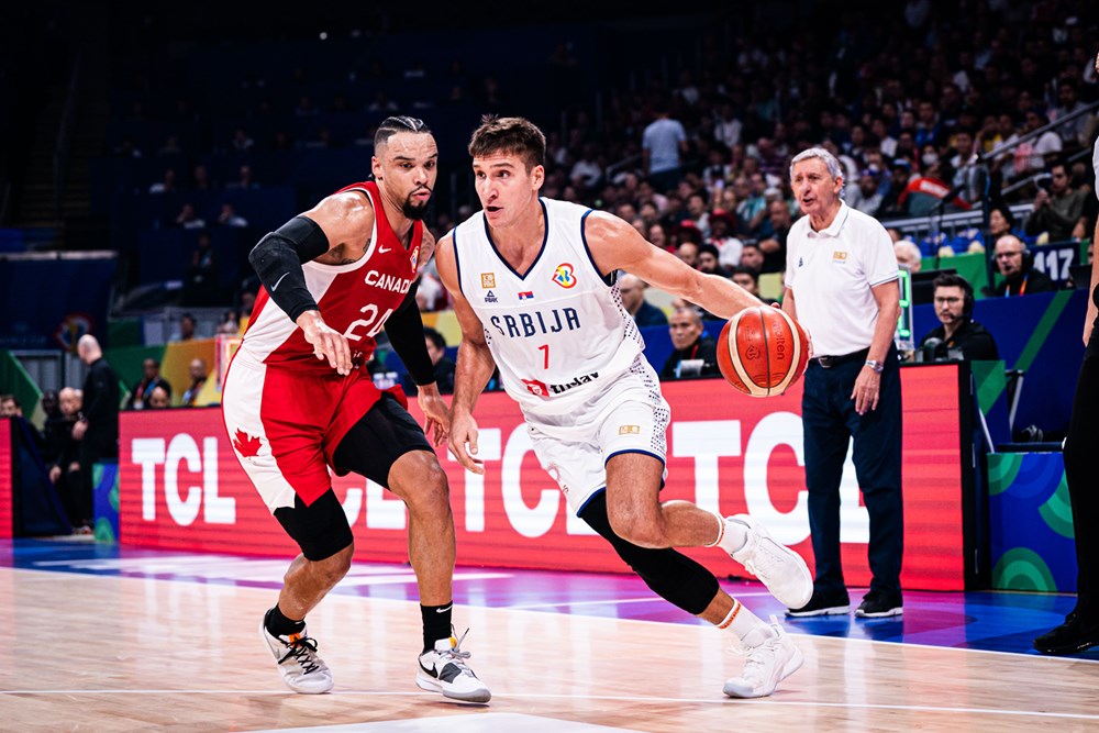 Dillon Brooks of Canada defending Bogdan Bogdanovic of Serbia at the 2023 FIBA Basketball World Cup.