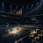 A dark basketball arena with rising financial charts and euro coins, illustrating European basketball spending, EuroLeague investment and the NBA Europe money race.