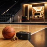 Basketball, coins and a courtside cash box illustrating European basketball clubs rejecting the spending race in favour of financial sustainability.