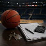 Basketball, financial documents and arena keys beside an empty court, illustrating European basketball sustainability and EuroLeague club finances.